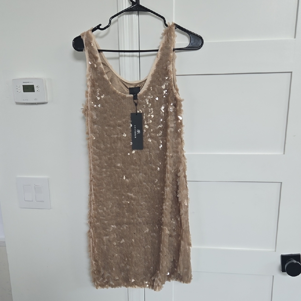 BR MONOGRAM Gold Sequin Sheath Mini Dress
